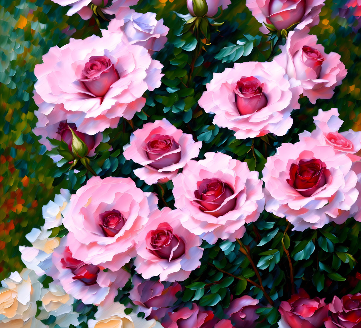 Pink Roses Painting with Layered Petals and Textured Background