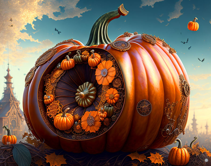 Intricately carved pumpkin in fairy-tale setting