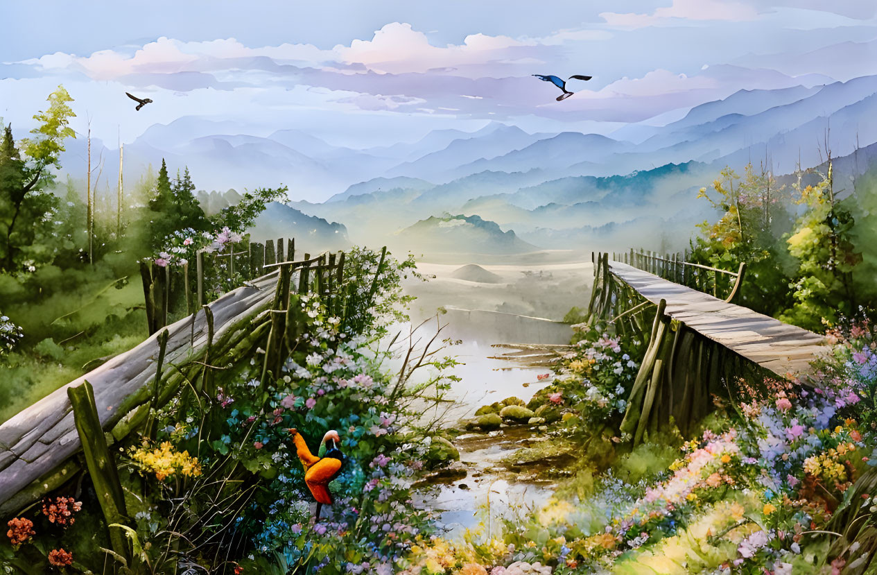 Tranquil landscape with wooden bridge, vibrant flowers, misty mountains, and flying birds