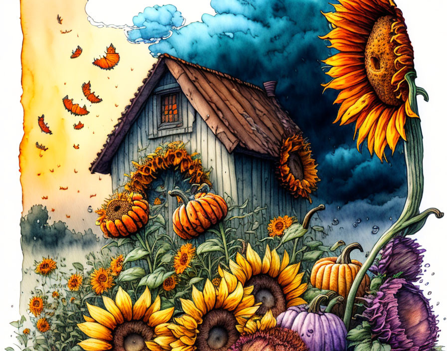 Illustration of cozy wooden shack amid sunflowers and autumn leaves under split sky