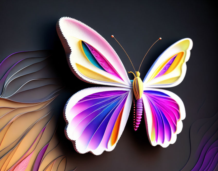 Colorful Paper Art Butterfly with Pink to Blue Gradient Wings on Dark Background