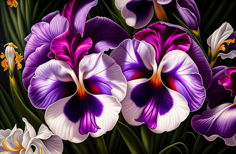 Detailed digital art of purple and white pansy flowers on dark background