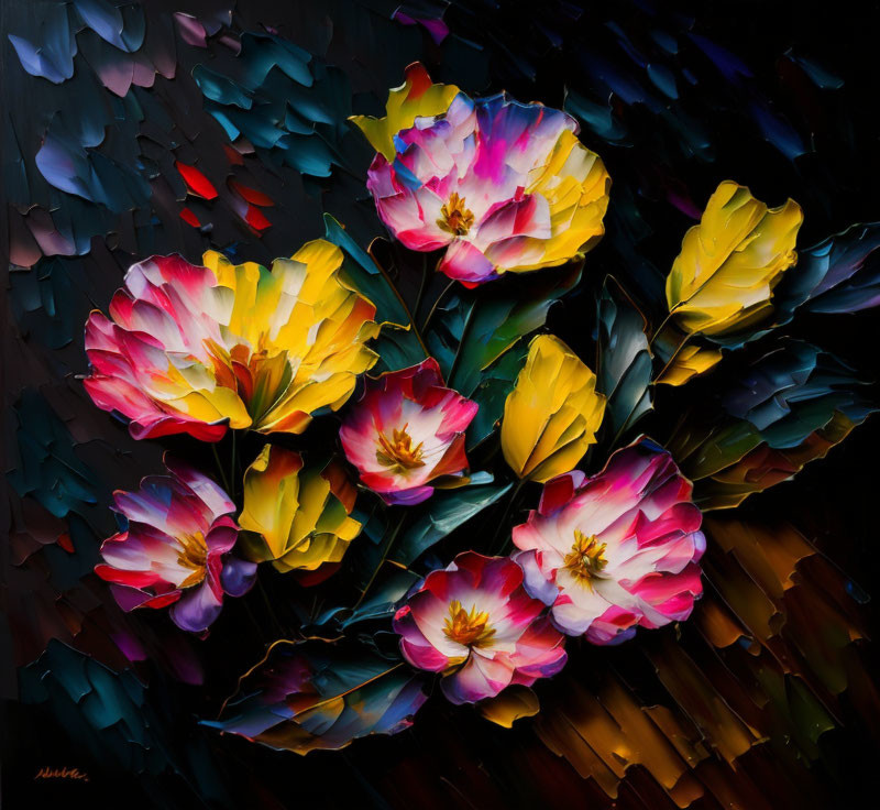 Colorful Oil Painting of Vibrant Tulips on Dark Background