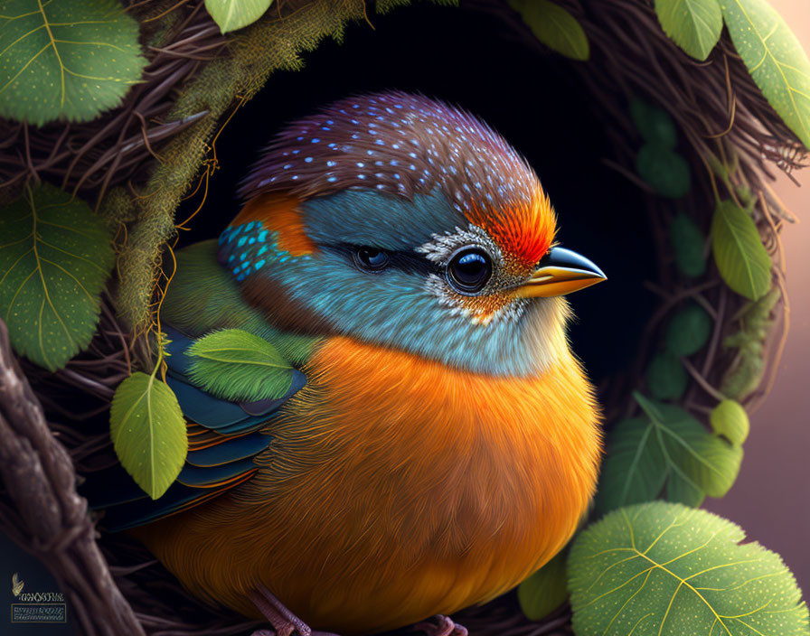 Colorful Bird Illustration with Detailed Feathers in Blue, Orange, and Yellow