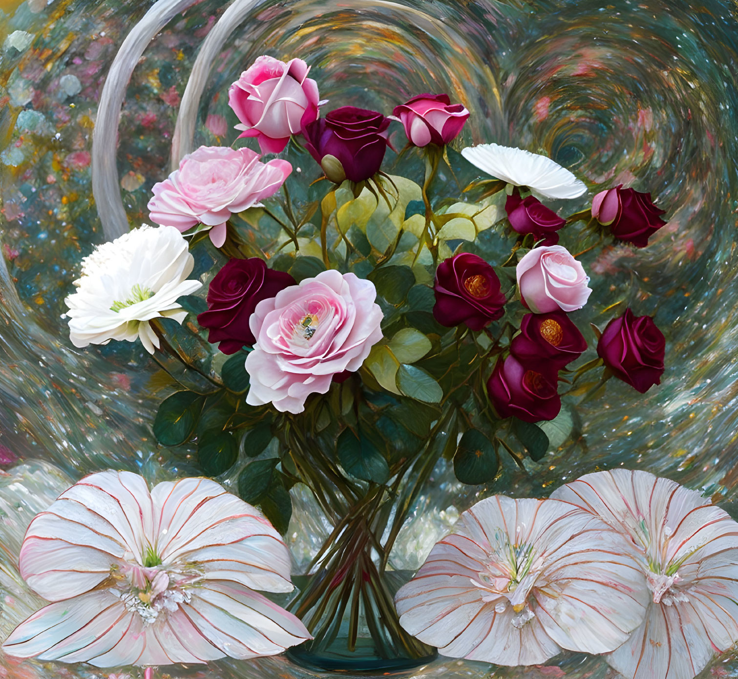 Pink, White, and Maroon Roses in Glass Vase on Multicolored Background