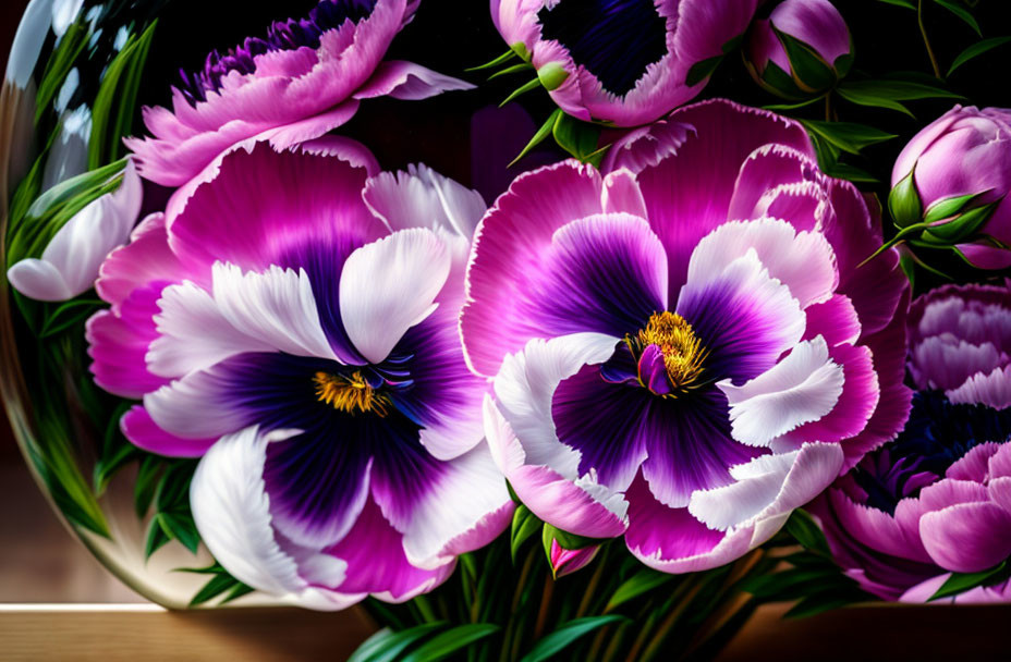 Vibrant Purple and White Tulips with Yellow Stamens on Wooden Background