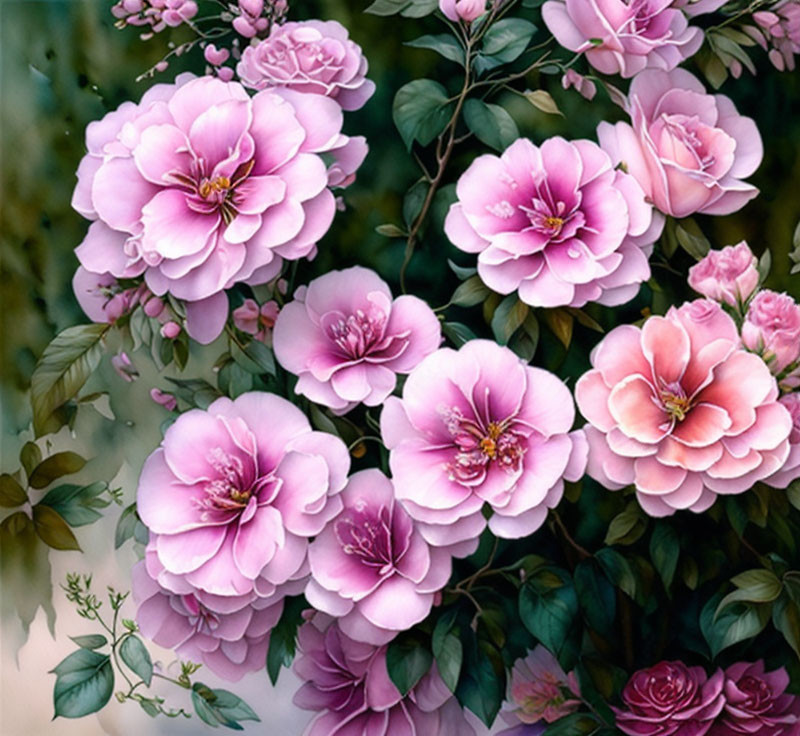 Pink roses in full bloom against green foliage: vibrant cluster.