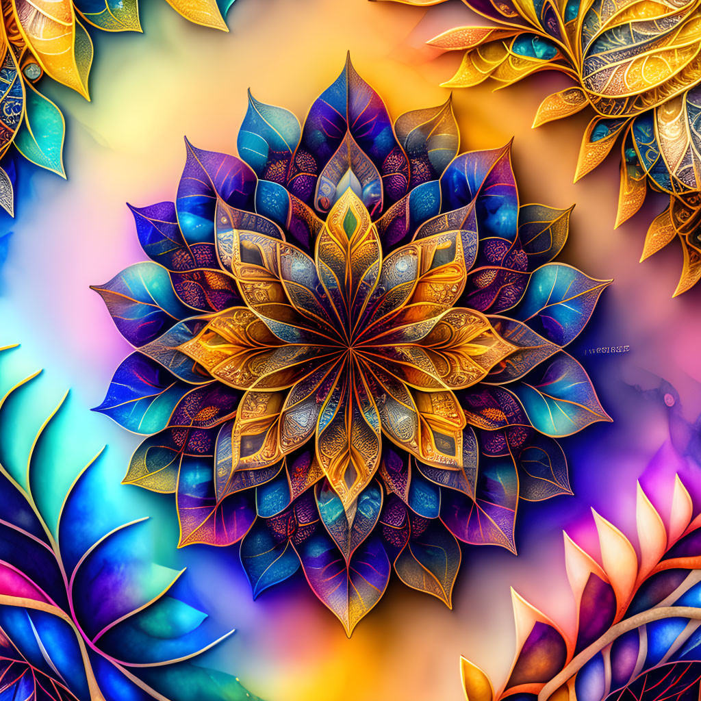 Intricate leaf-like mandala in vibrant blues, purples, and golds