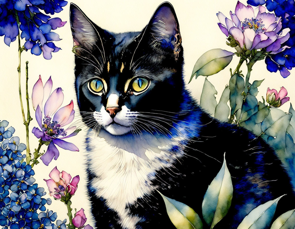 Black and white cat with yellow eyes in colorful flower setting