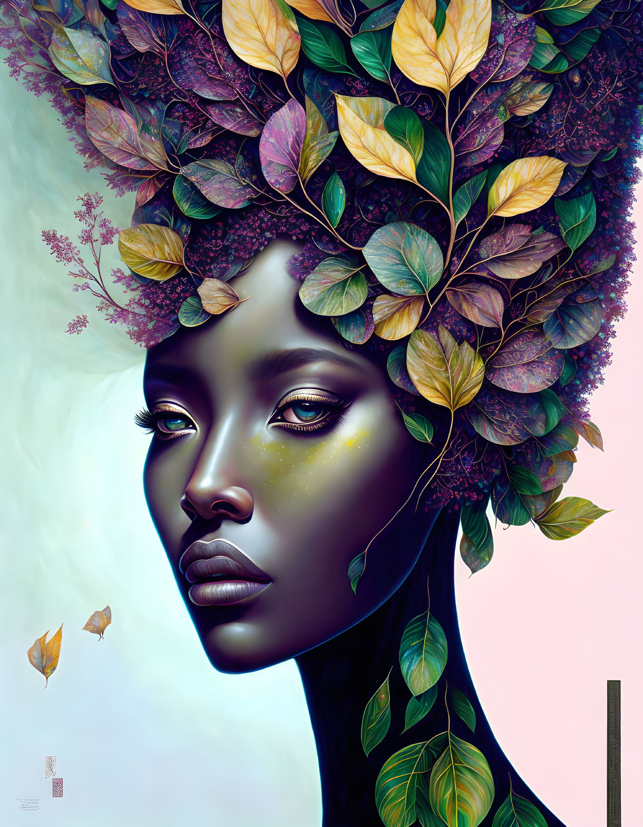 Dark-skinned person with multicolored leaf crown in surreal portrait