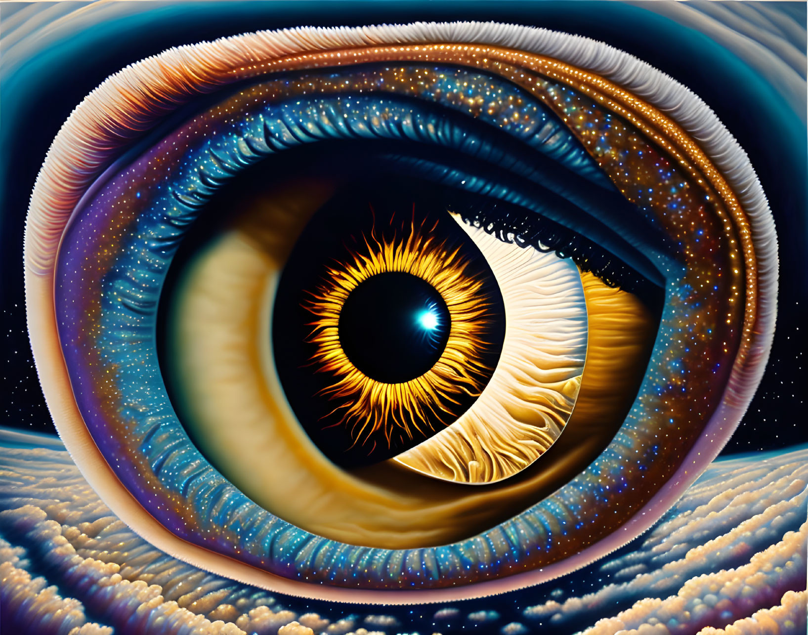 Detailed surreal illustration of cosmic eye merging with starry elements