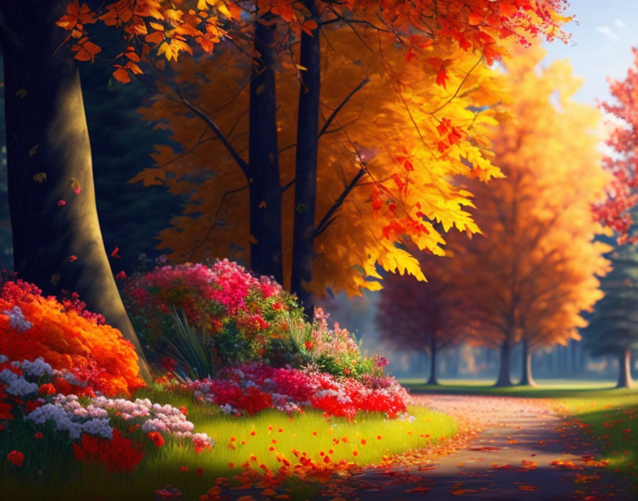 Scenic autumn pathway with vibrant trees and colorful bushes