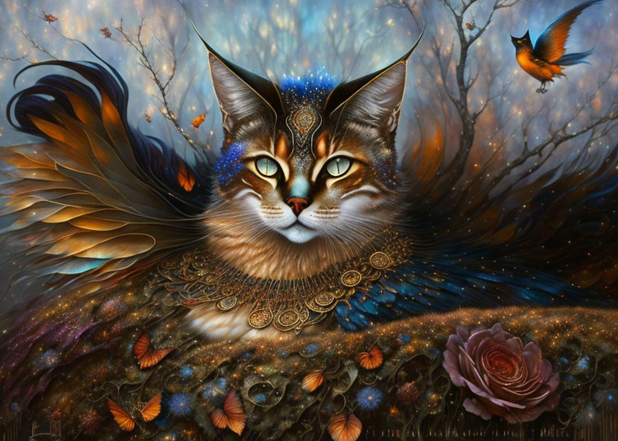 Fantasy cat adorned with feathers and jewelry in mystical woodland landscape