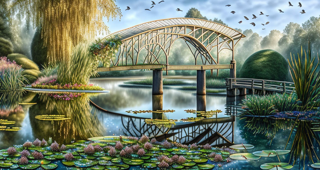 Ornate bridge over reflective pond in serene landscape