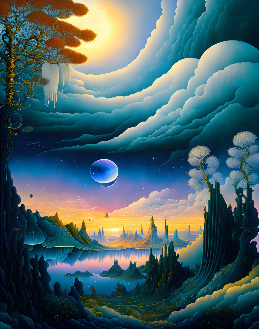 Surreal landscape with celestial elements and reflective water