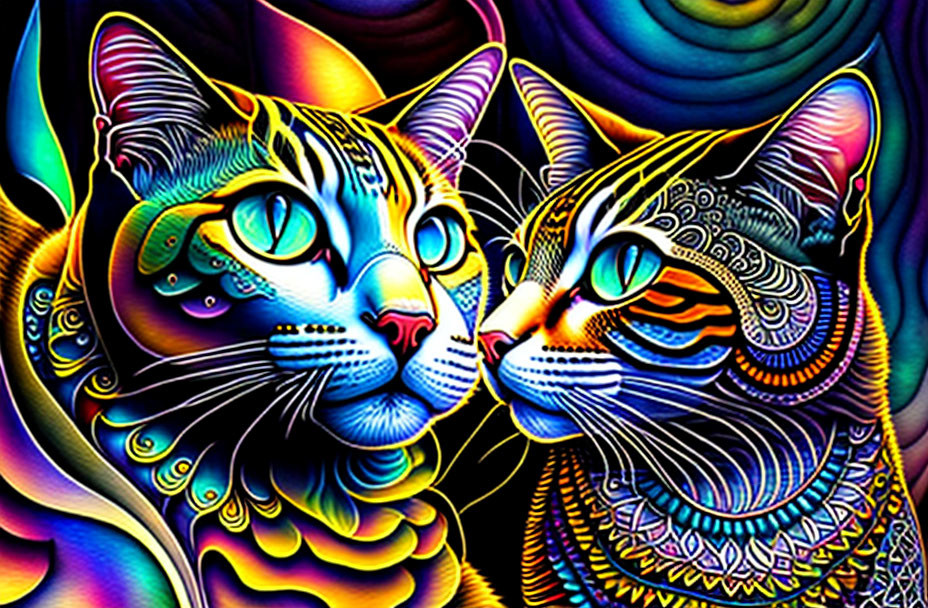 Colorful Psychedelic Cats with Intricate Patterns and Luminous Eyes on Dark Background