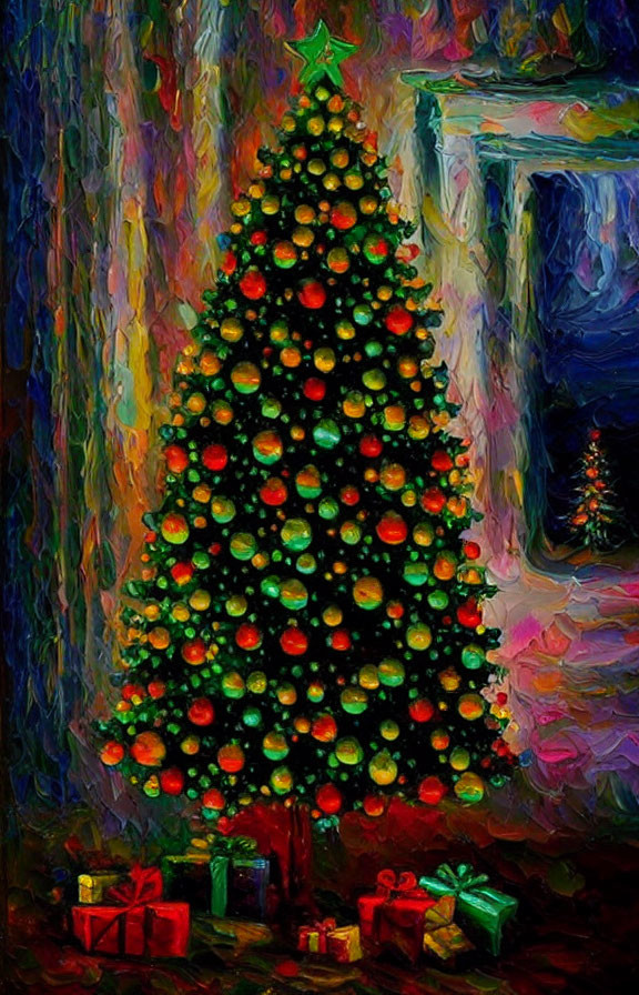 Colorful Impressionist Painting of Decorated Christmas Tree