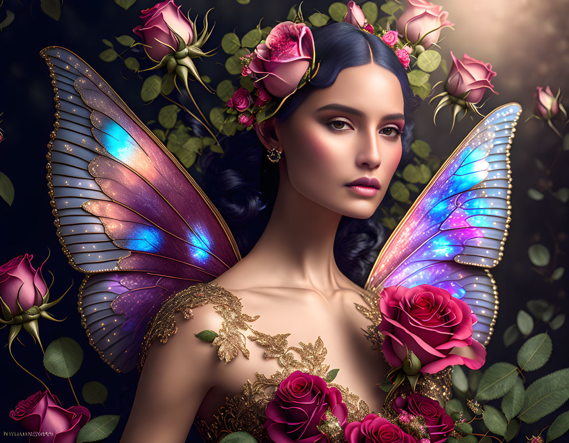 Fantasy digital art: Woman with butterfly wings and roses on dark background