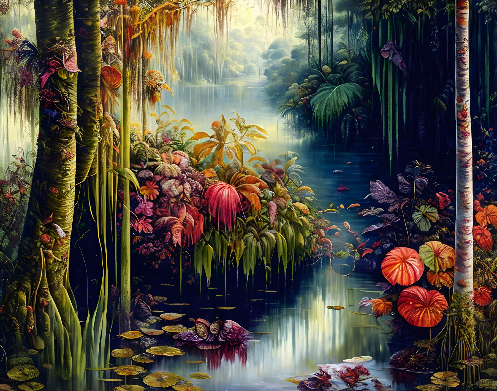 Colorful Mystical Forest with Reflecting Water Body