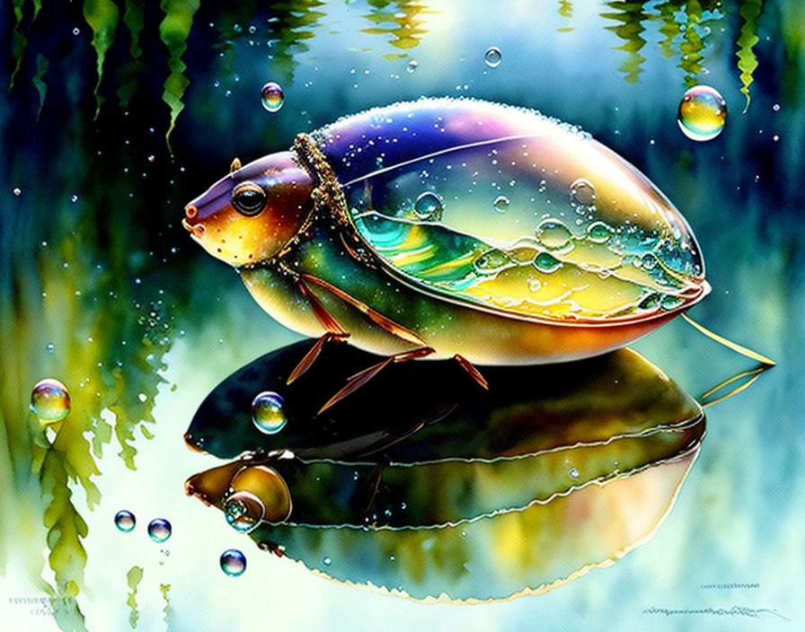 Colorful stylized fish with transparent bubble-like features in a fantastical underwater scene