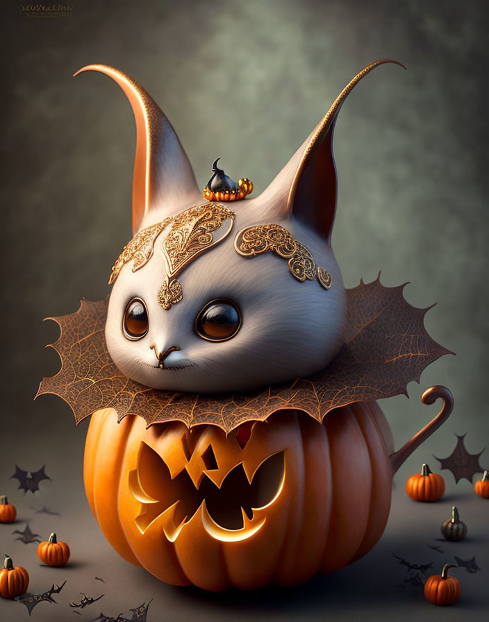 Cat with bat wings and pumpkin body in Halloween scene.