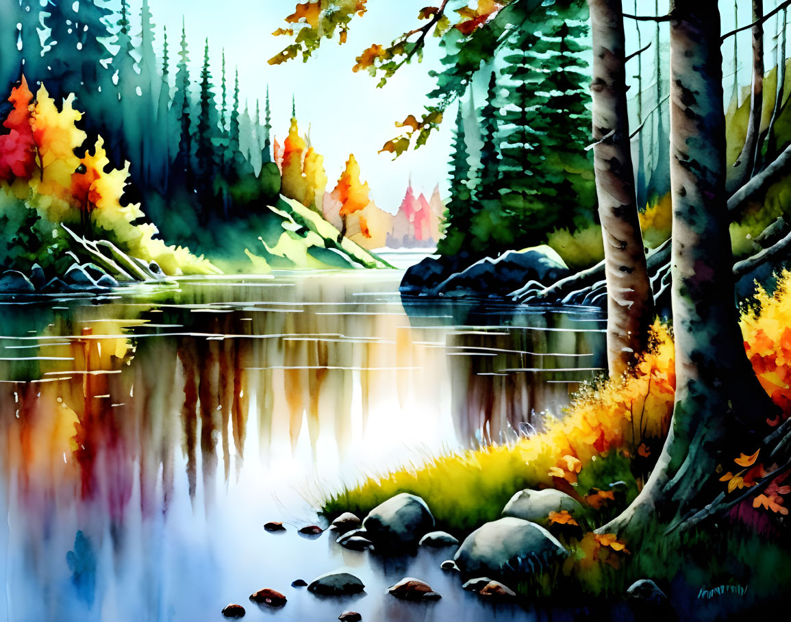 Colorful Autumn Forest Watercolor Painting with River Reflections