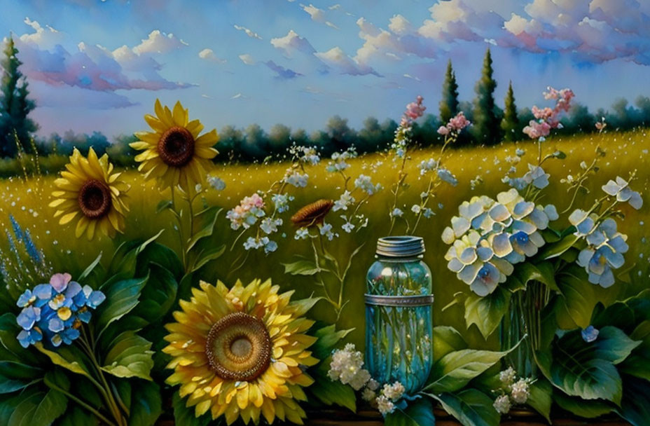 Colorful floral painting in lush field under blue sky