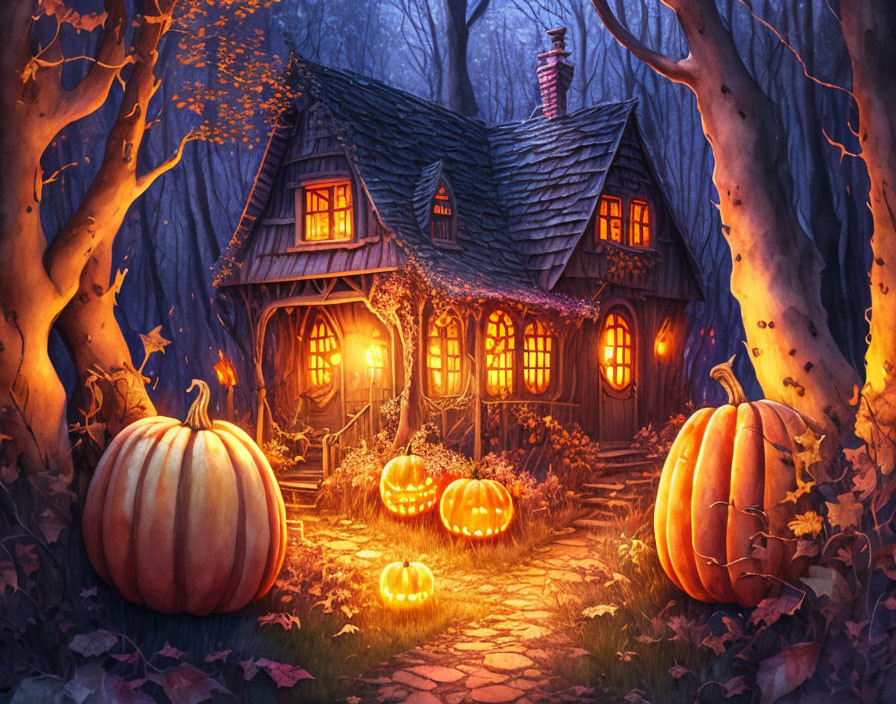 Autumnal forest cottage with pumpkins and bare trees at twilight