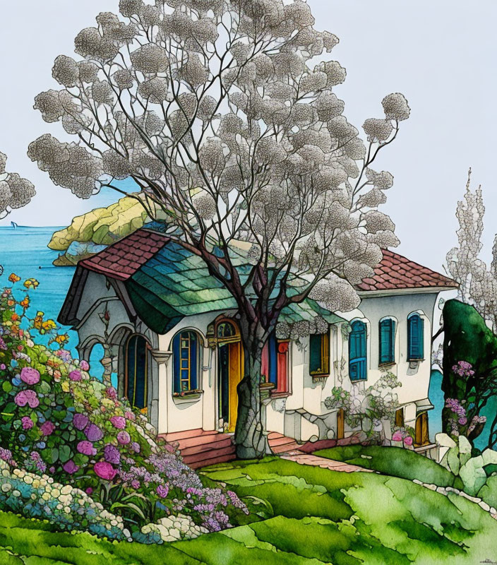 Vibrant house illustration with tree and flowers in watercolor style