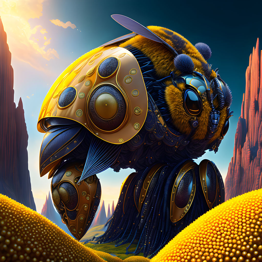 Digital artwork: Mechanical bee in golden and blue armor against amber skies and rock formations