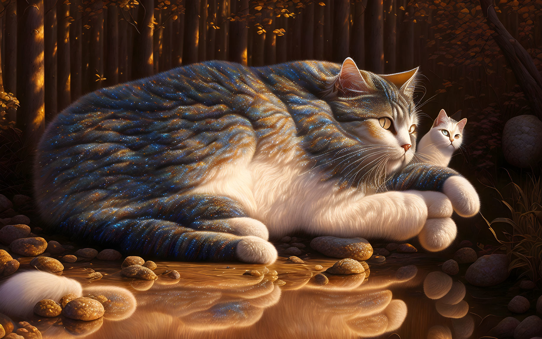 Fantastical Starry Coat Cat Resting by Reflective Pond at Twilight