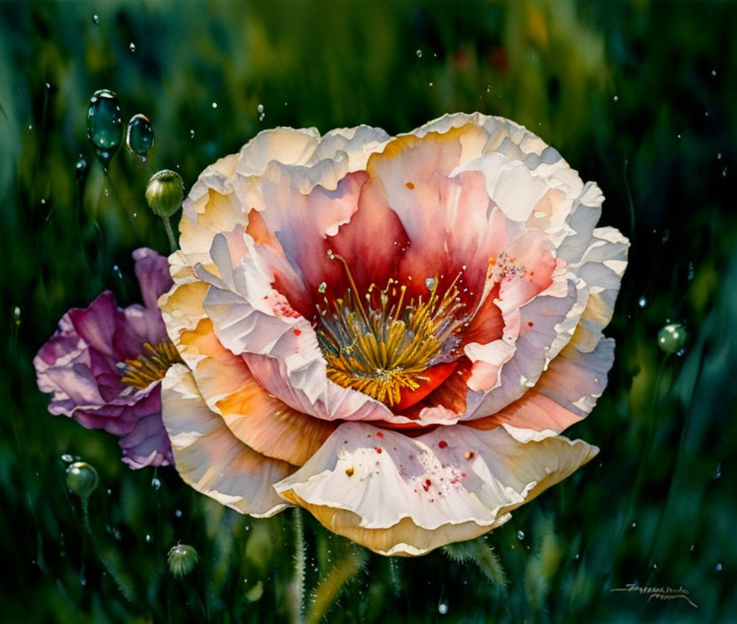 Delicate poppy flower watercolor painting on green background