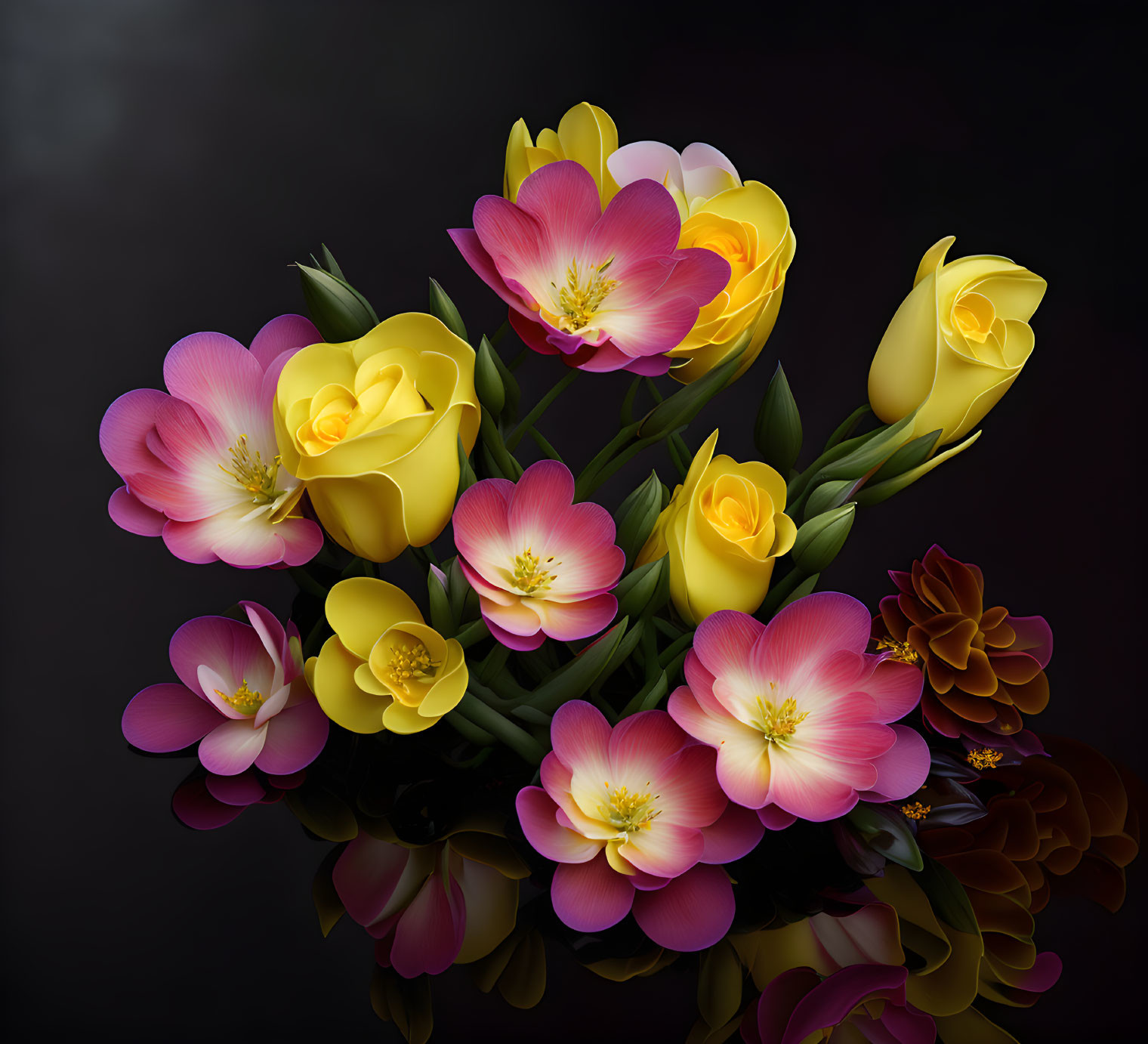 Colorful Yellow Roses and Pink Flowers on Dark Reflective Surface