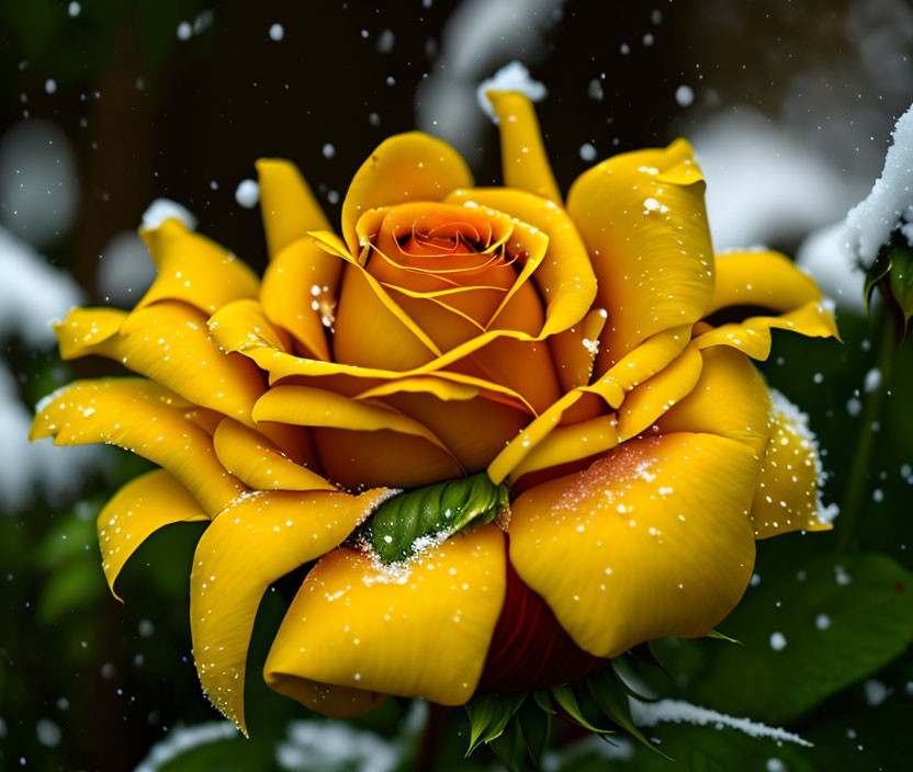 Yellow rose with snowflakes on dark snowy background