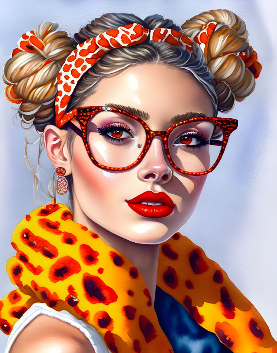 Blonde Woman Portrait with Double Buns & Red Glasses