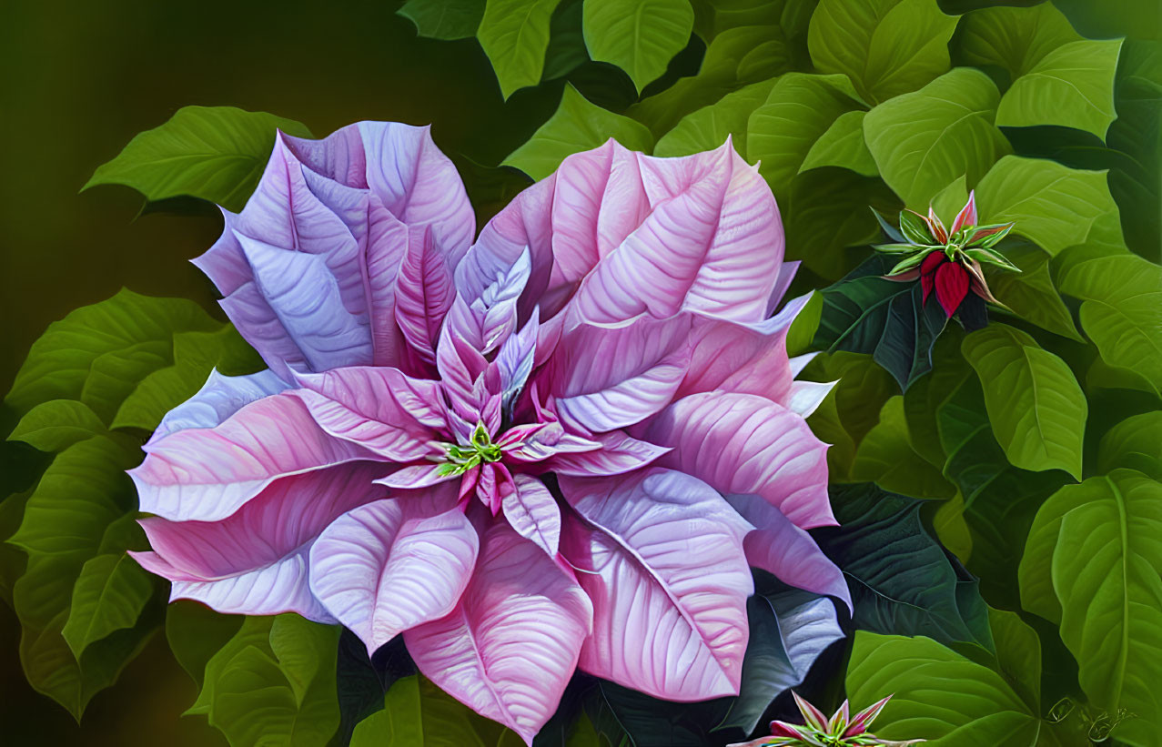 Detailed digital illustration of large pink poinsettia and green leaves.