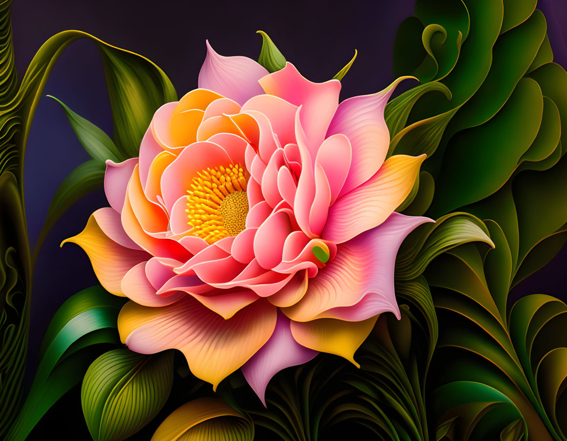 Colorful digital artwork: Pink and orange blossom with green leaves on purple.