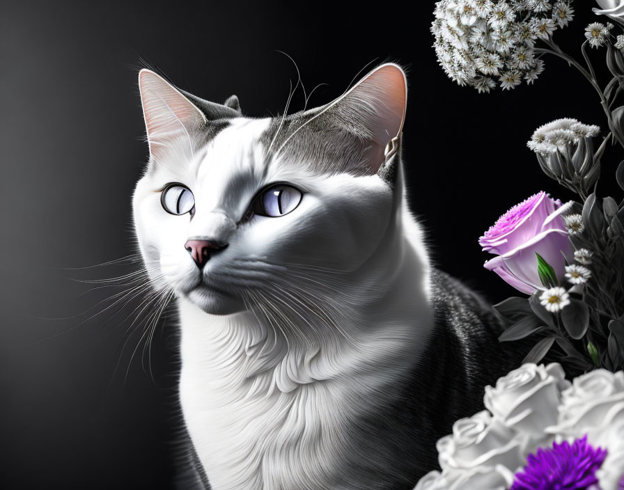 Gray Cat with White Fur and Flowers on Dark Background