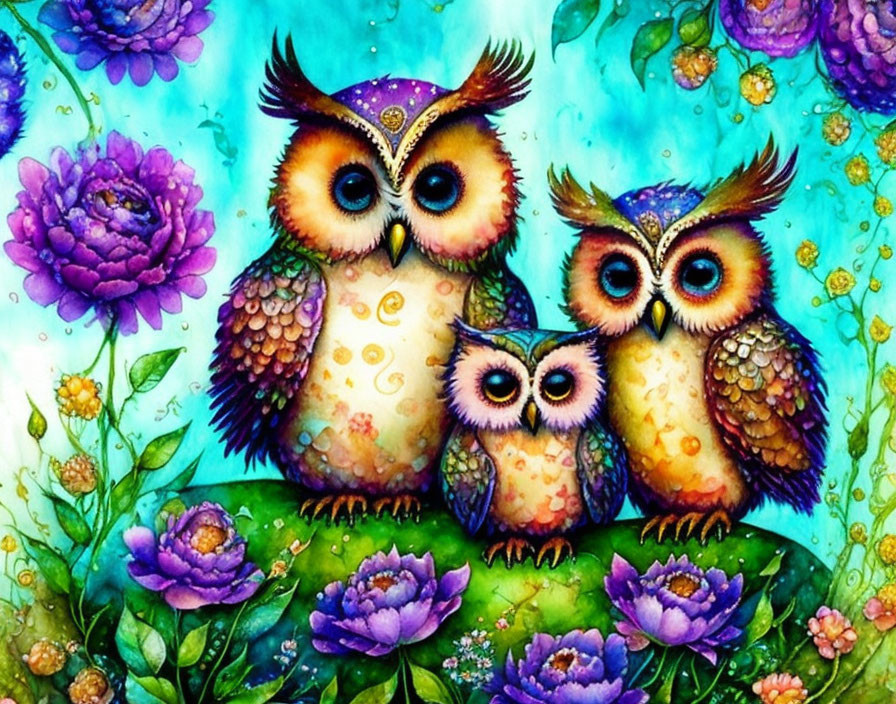 Colorful Stylized Owls Perched Among Purple Flowers on Blue Background