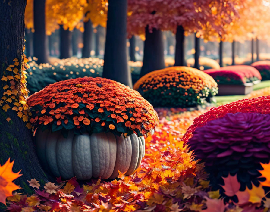 Colorful Autumn Display with Oversized Flowers and Pumpkins