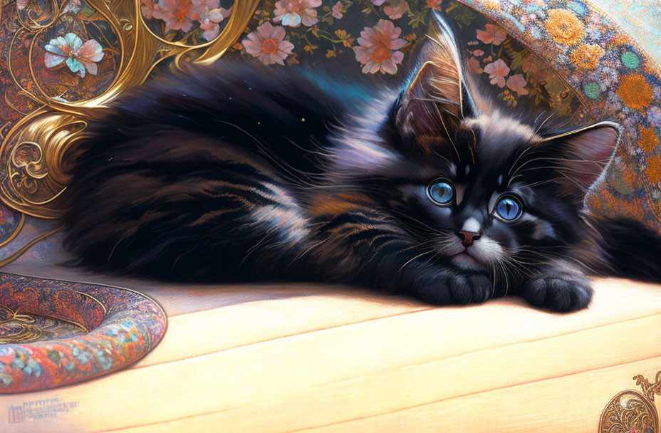 Fluffy black kitten with blue eyes on wooden surface with floral backdrop