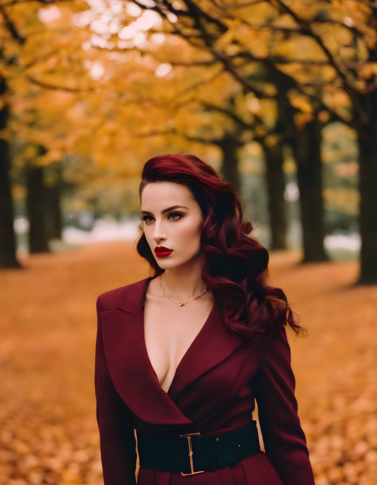 Red-haired woman in burgundy outfit surrounded by autumn trees with golden leaves