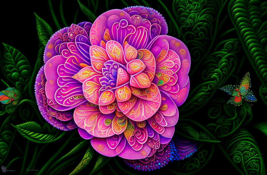 Colorful digital artwork: Stylized flower with intricate petals in pink, purple, and yellow on