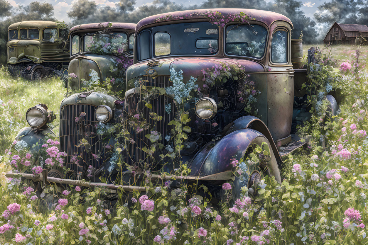 Abandoned vintage cars in overgrown field under cloudy sky