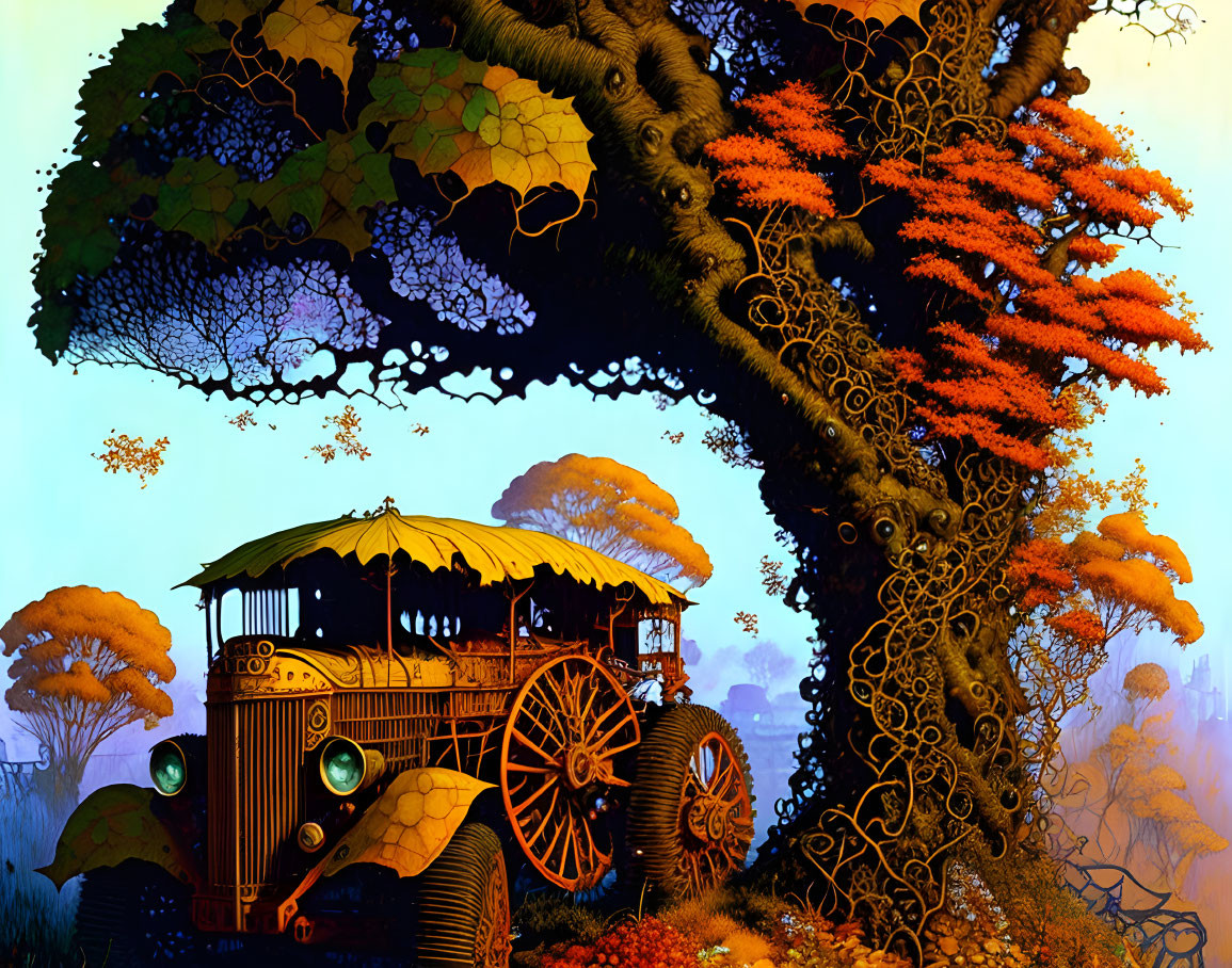 Colorful fantasy illustration: antique vehicle under oversized tree