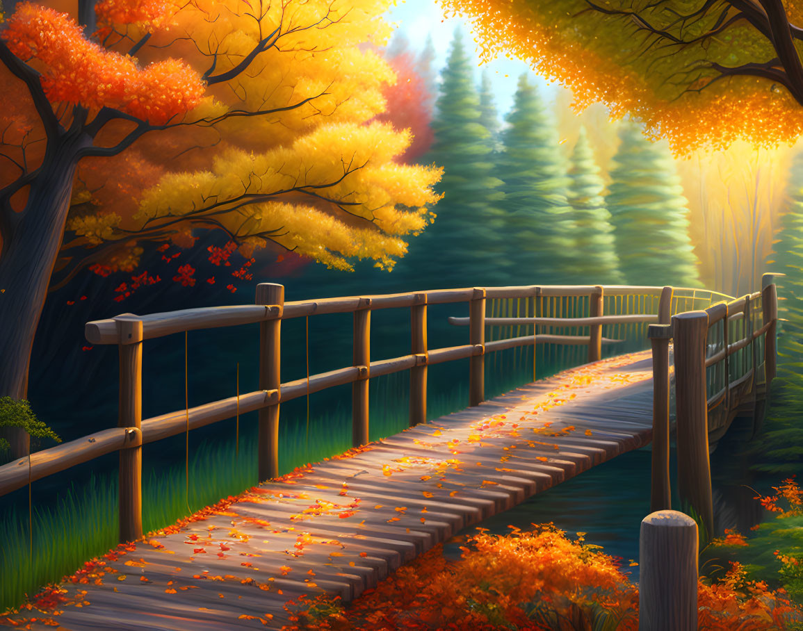 Scenic wooden bridge in autumn foliage with fallen leaves and sunlight