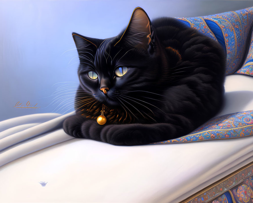 Black Cat with Yellow Eyes and Bell Collar on White Surface