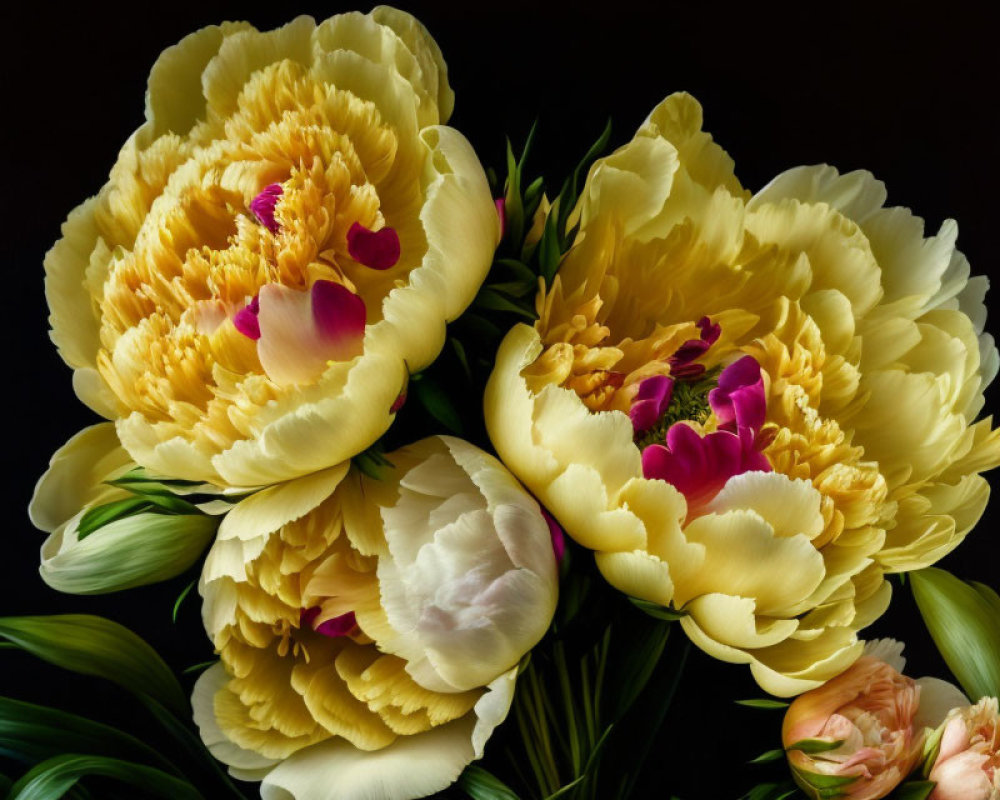 Colorful yellow and pink peonies with green leaves on dark background.