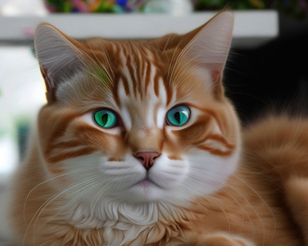 Orange Tabby Cat with Green Eyes and Fluffy Coat Staring at Camera