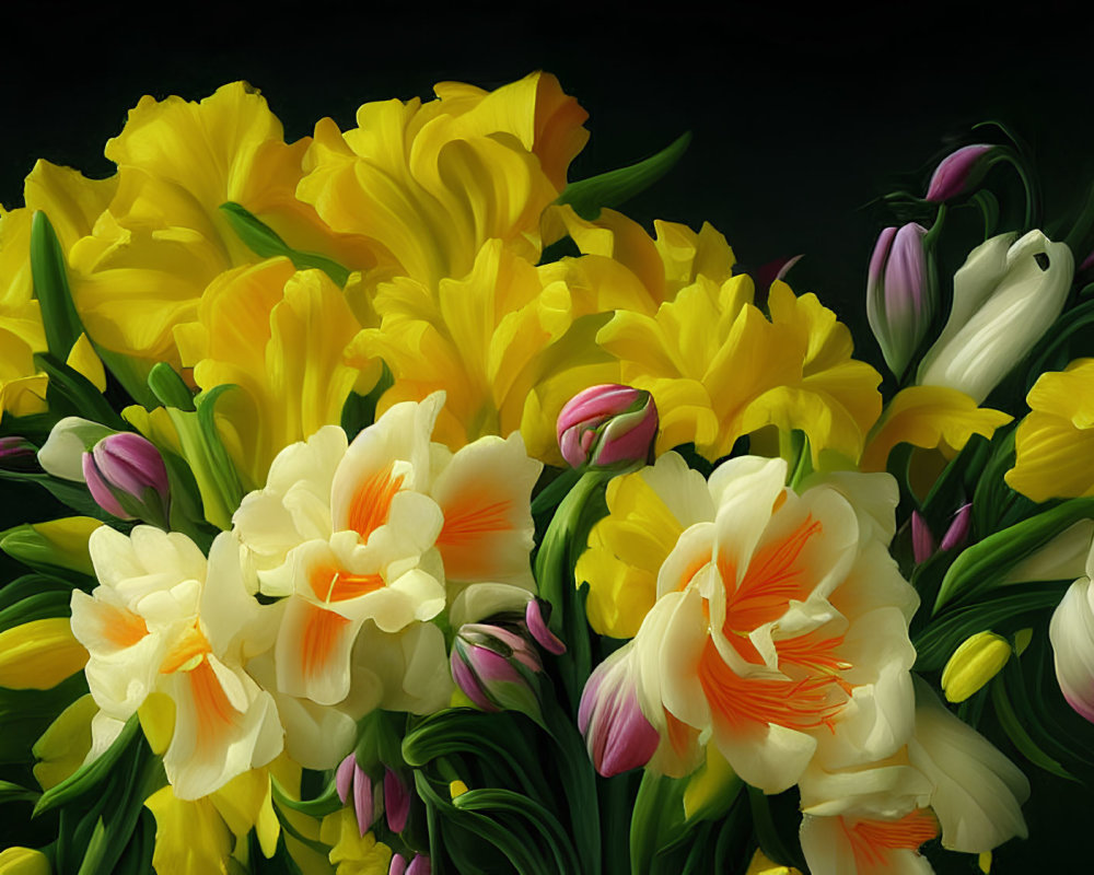 Yellow, White, and Purple Flower Bouquet on Dark Background